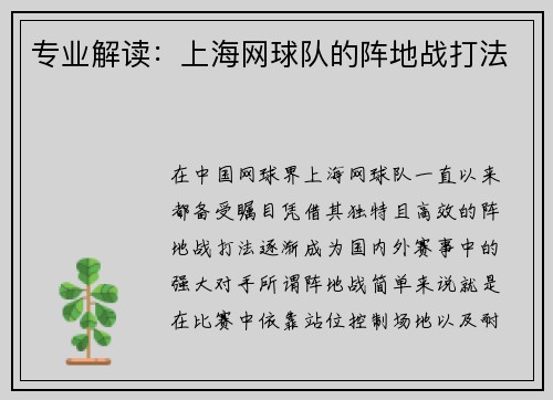 专业解读：上海网球队的阵地战打法