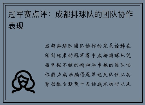 冠军赛点评：成都排球队的团队协作表现