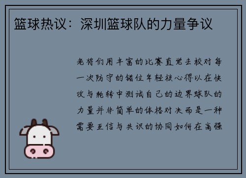 篮球热议：深圳篮球队的力量争议