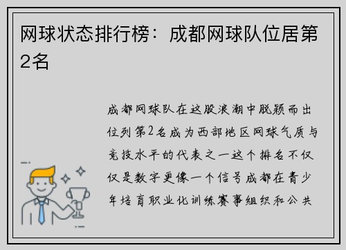 网球状态排行榜：成都网球队位居第2名