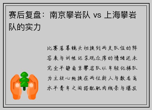 赛后复盘：南京攀岩队 vs 上海攀岩队的实力